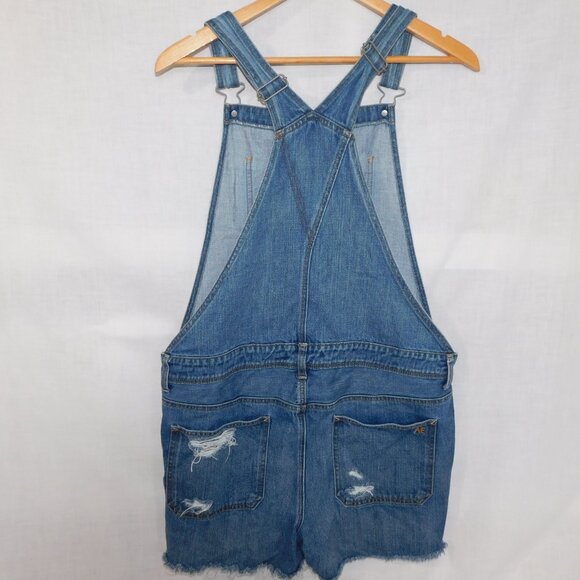 AE American Eagle Womens L Distressed Blue Jean Denim Short Overalls Medium Wash - Picture 9 of 12